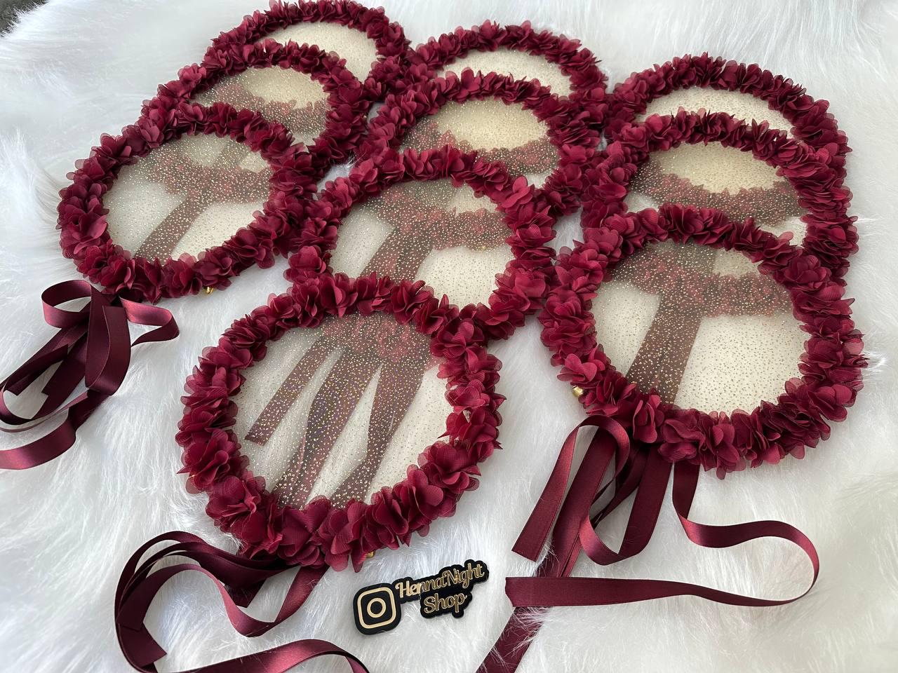 Maroon Henna Night Set: Bride Tambourine, Feather Fan & Bridesmaid Tambourines