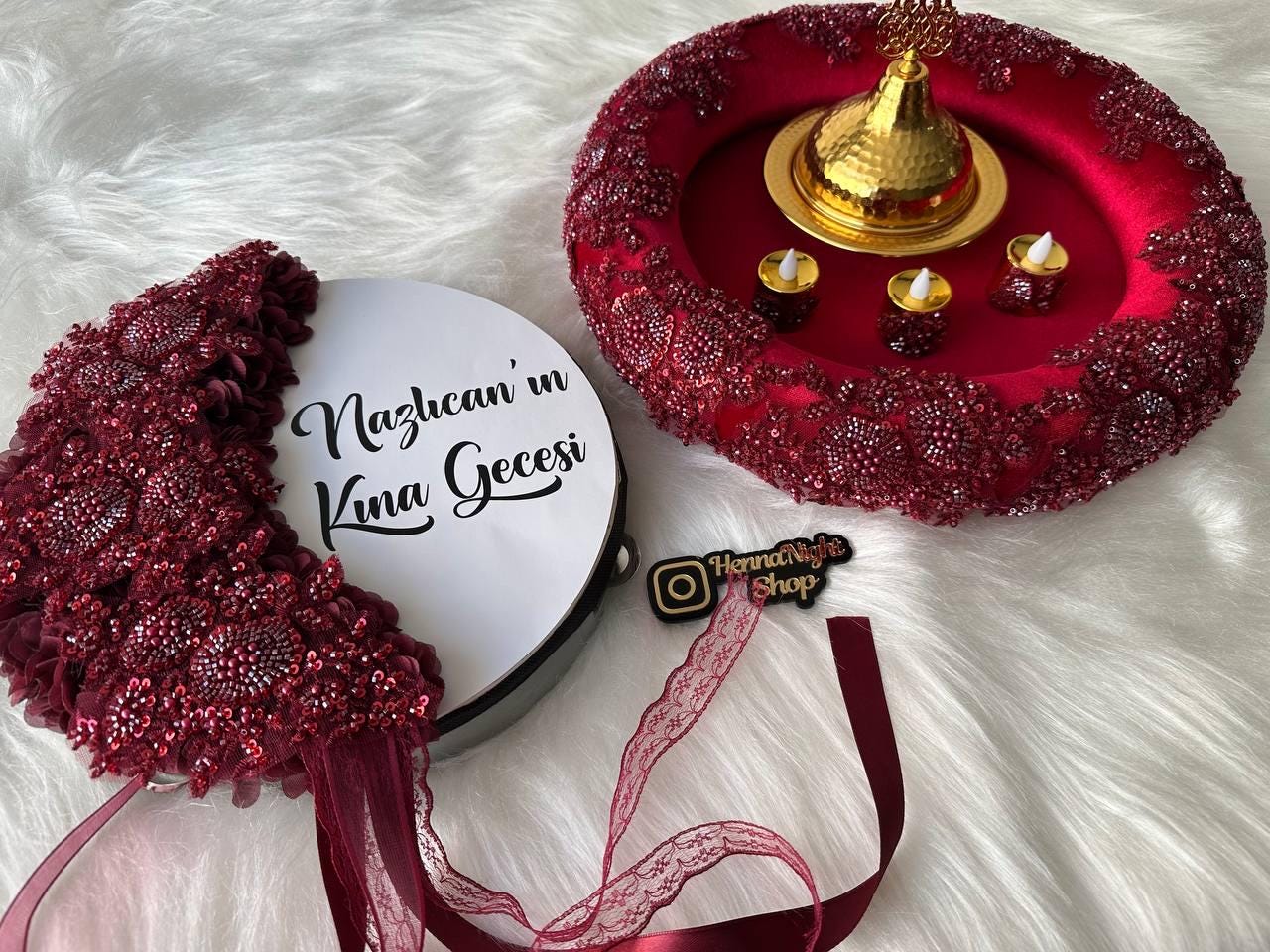 henna beaded tambourine with personalized text and henna tray with gold dome and candles