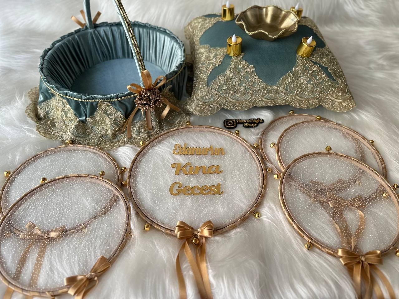 velvet henna basket pillow, bridesmaid tambourines set