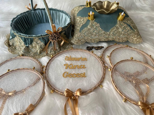 henna basket pillow, bridesmaid tambourines set