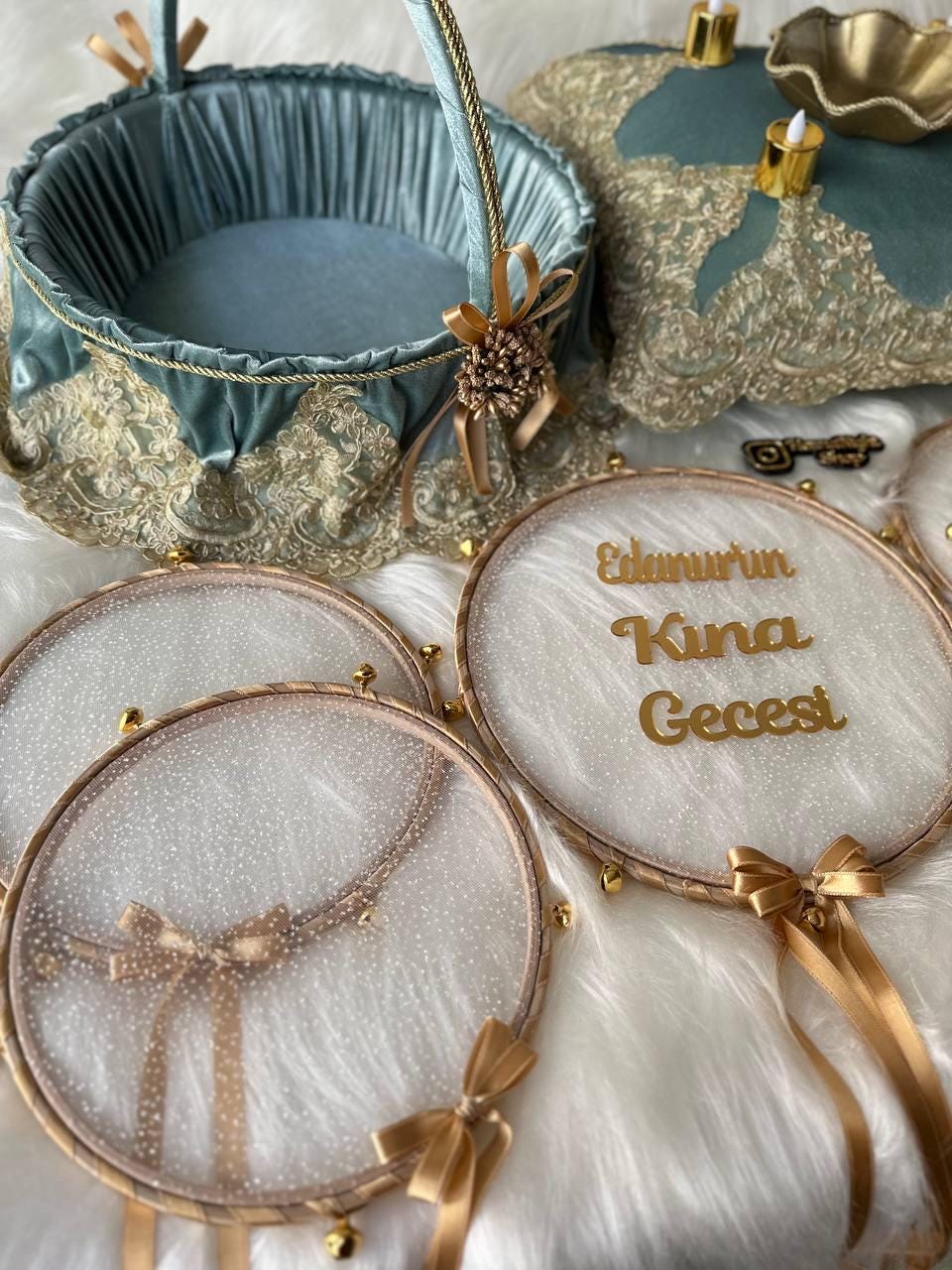 velvet henna basket pillow, bridesmaid tambourines set
