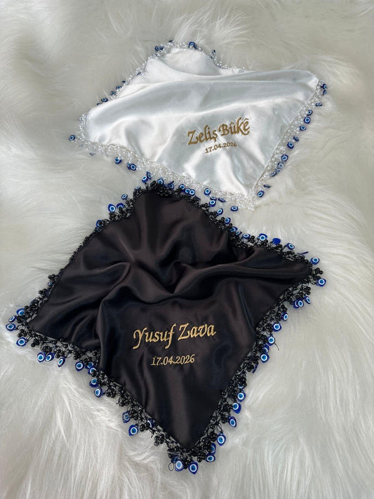 Personalized Halay Handkerchief, Custom Govend Scarf with Evil Eye Beads, Turkish Kurdish Wedding Dance Prop