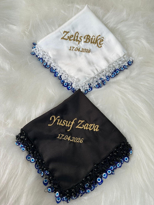 Personalized Halay Handkerchief, Custom Govend Scarf with Evil Eye Beads, Turkish Kurdish Wedding Dance Prop