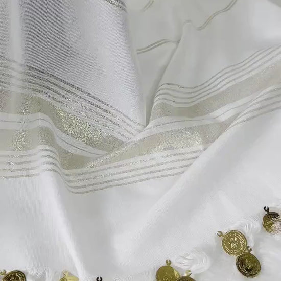 Turkish Bridal Hammam Pestemal: White Spa Towel with Gold Coins & Embroidery