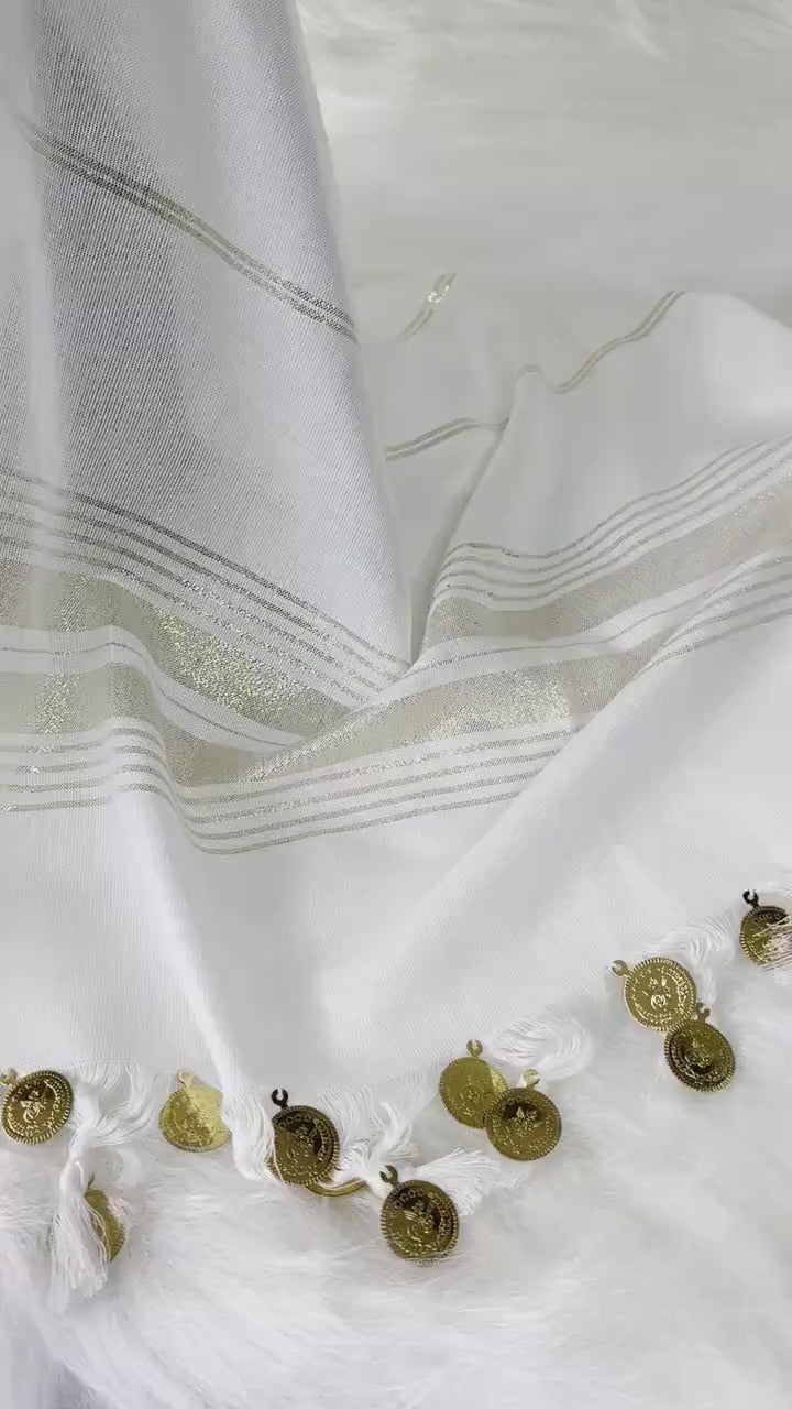 Turkish Bridal Hammam Pestemal: White Spa Towel with Gold Coins & Embroidery