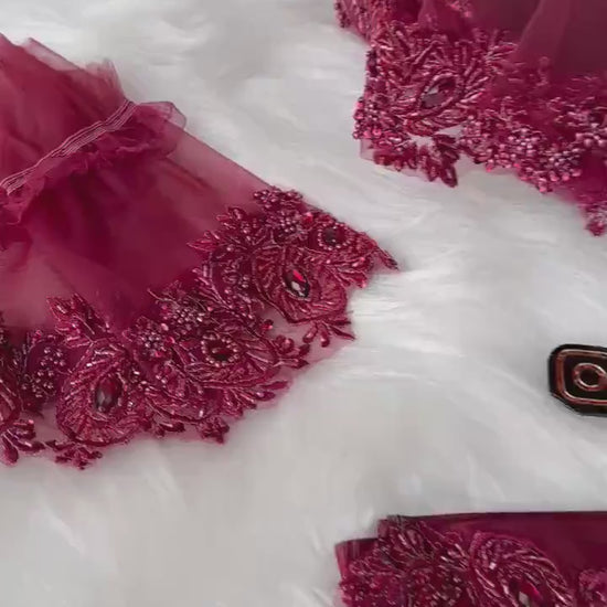 Burgundy Lace Henna Veil with Sash & Cuffs: Kına Gecesi Set