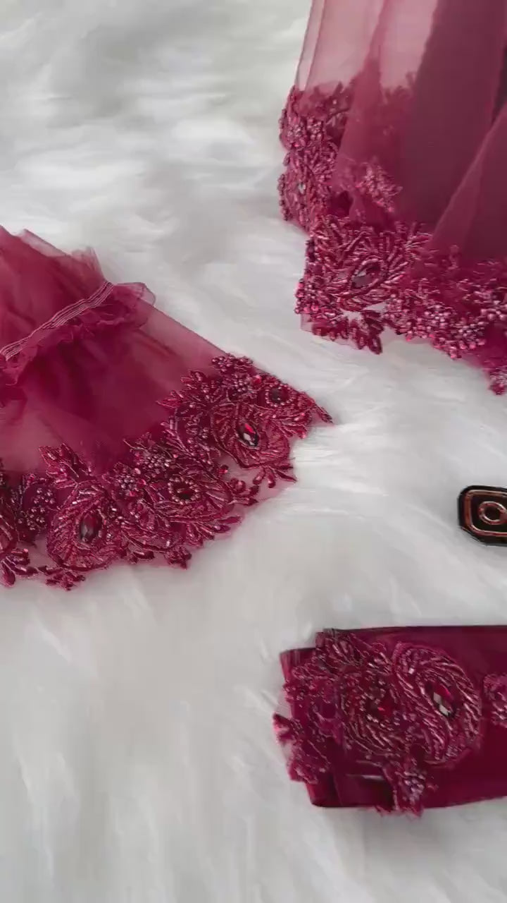 Burgundy Lace Henna Veil with Sash & Cuffs: Kına Gecesi Set