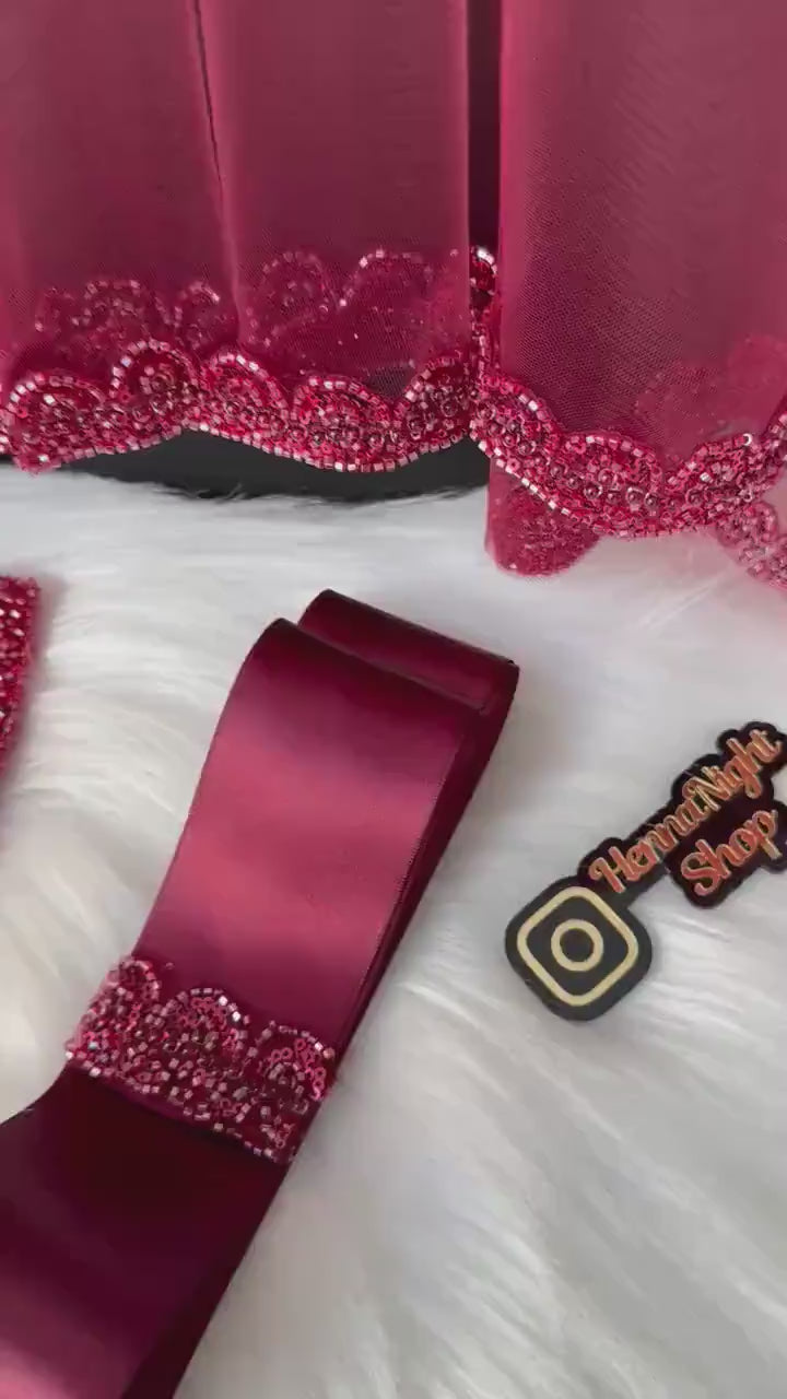 Beaded Burgundy Henna-Night Set - Veil, Gloves, and Belt for Henna Party / Kina gecesi duvak