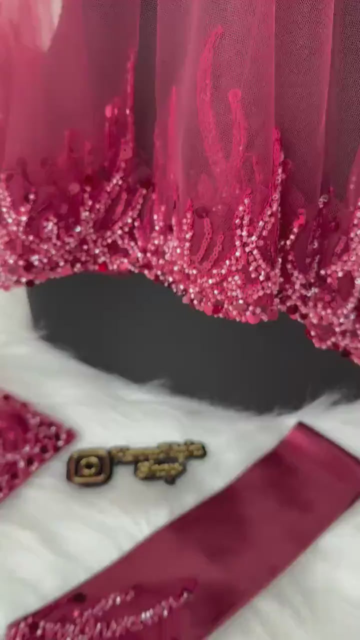 Henna Veil Set: Burgundy Flame-Pattern Beaded Kına Gecesi Bridal Veil with Belt & Gloves