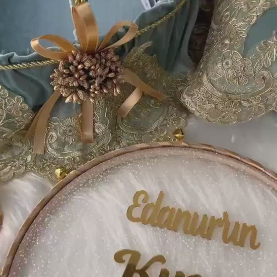 Teal Velvet Henna Night Set: Gold Lace Basket, Pillow, Personalized Tambourines