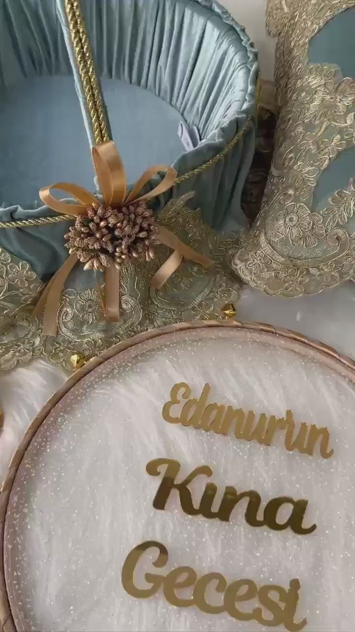 Teal Velvet Henna Night Set: Gold Lace Basket, Pillow, Personalized Tambourines