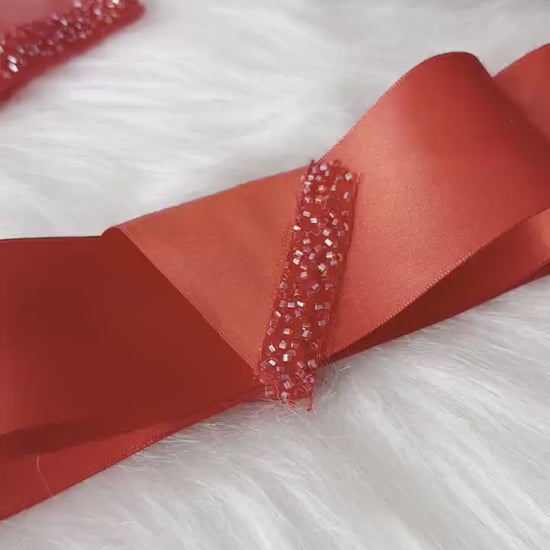 Red Tulle Henna Veil, Bow Belt & Gloves: Beaded Bridal Set