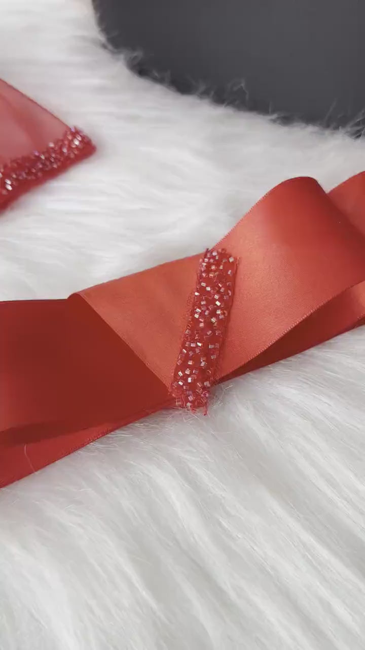 Red Tulle Henna Veil, Bow Belt & Gloves: Beaded Bridal Set