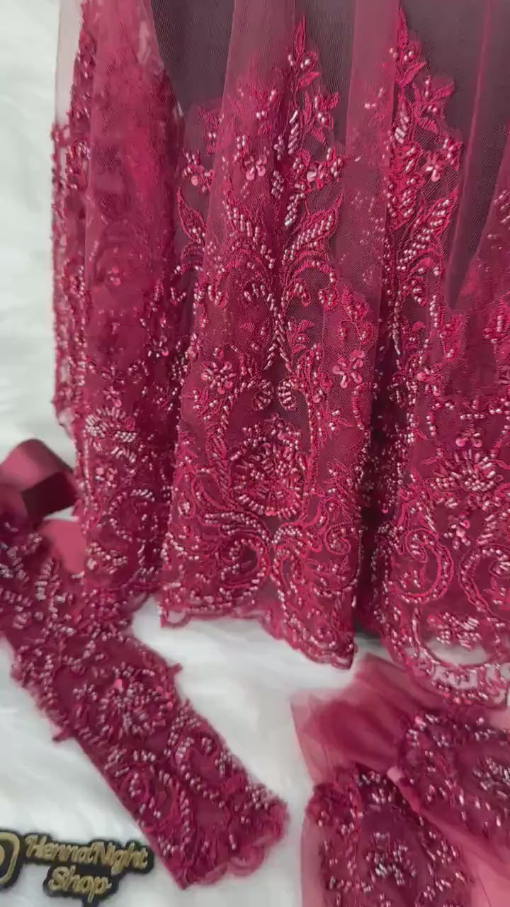 Handmade Henna Night Set | Burgundy Lace Belt, Gloves & Veil