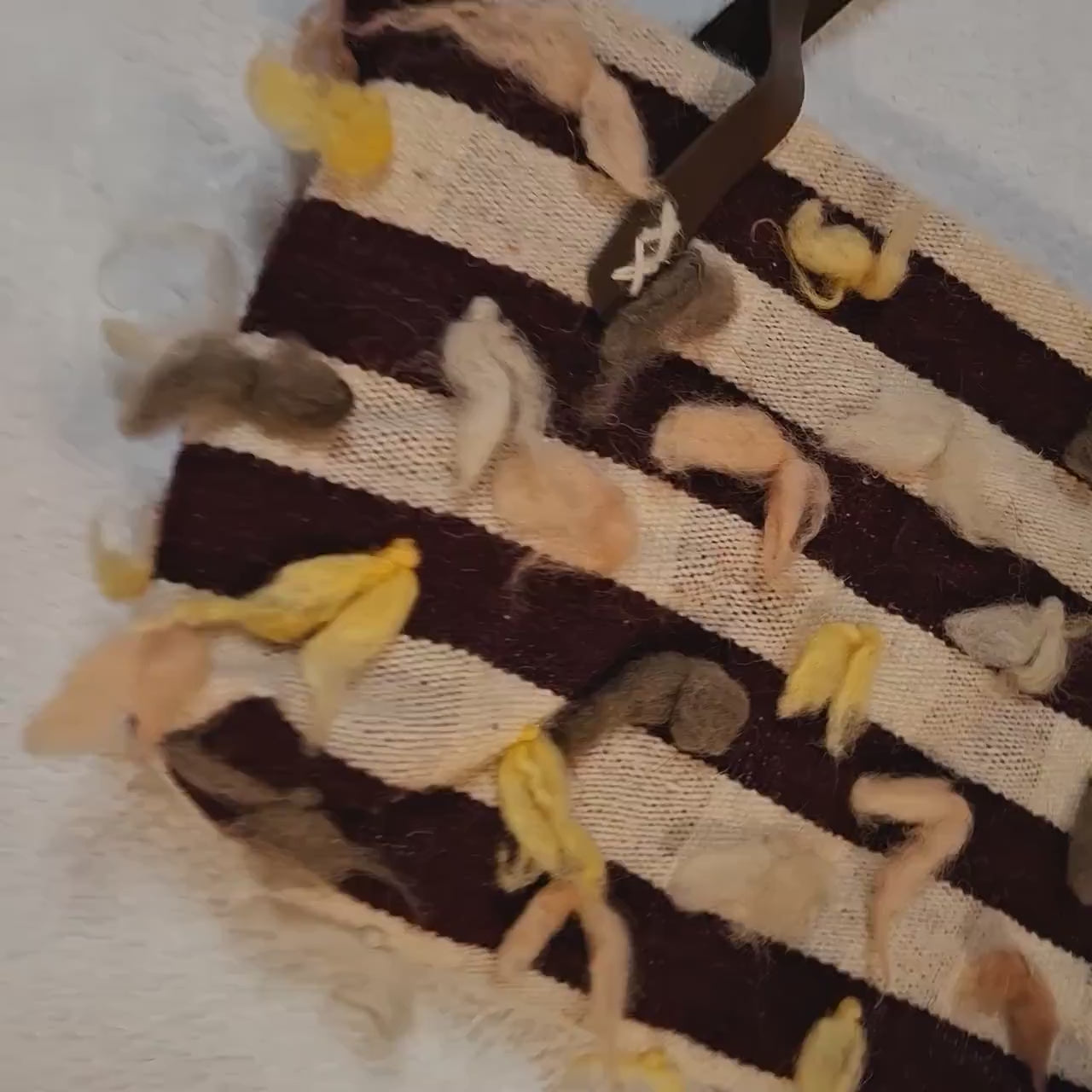 Handwoven Wool Striped Tote Bag with Tufted Felt Accents & Zipper