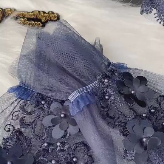 Navy Blue Floral Lace Henna Veil: Turkish Bridal Accessory Set