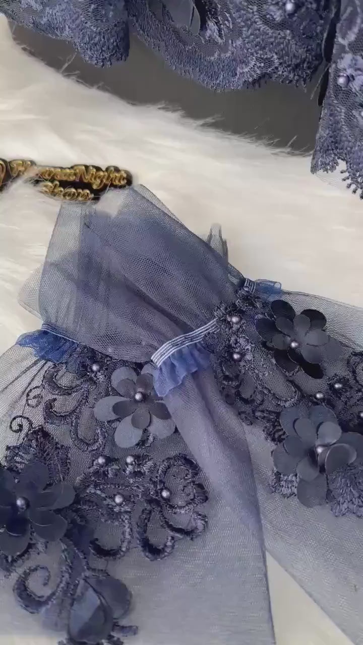 Navy Blue Floral Lace Henna Veil: Turkish Bridal Accessory Set