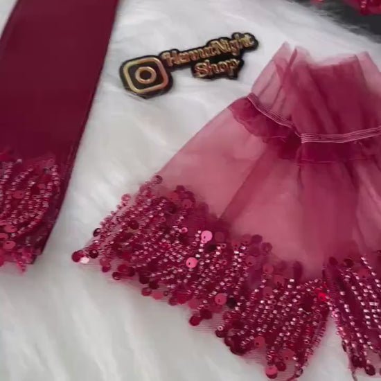 Henna Veil with Sequin Fringe and Burgundy Beaded Matching Accessories | Kına Gecesi & Bridal Accessory
